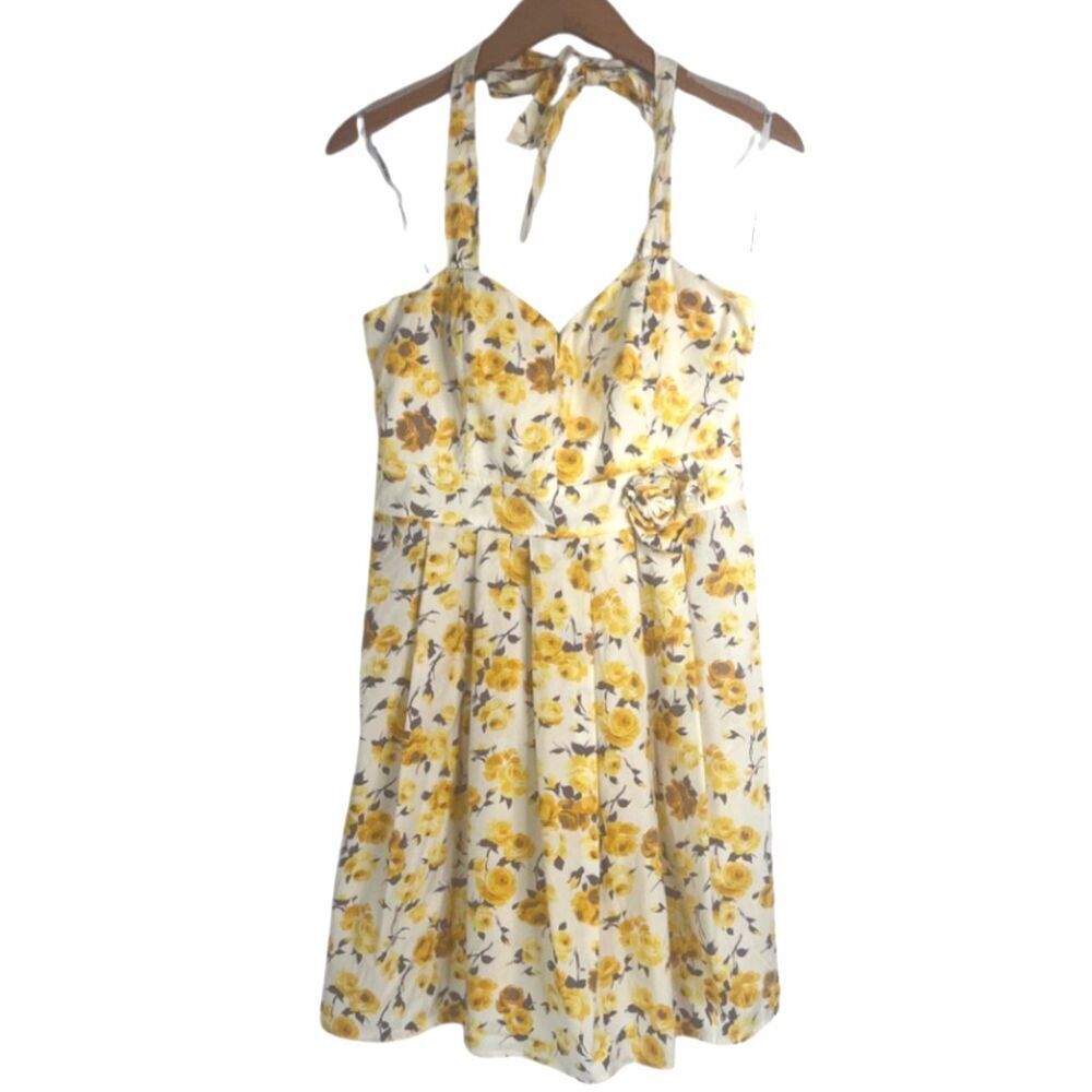 City Triangles Yellow Floral Print Tie Neck Halter Fit & Flare Dress JRS Size 13